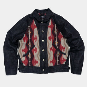 
                  
                    BZEN M.3003R-SANTANA-NR REGULAR FIT RAGLAN SLEEVE NATIVE AMERICAN MOTIF BLANKET PANEL SLUB DENIM COSSACK JACKET-14.5OZ-HRH INDIGO
                  
                