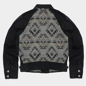 
                  
                    BZEN M.3003R-SANTANA-NB UNISEX REGULAR FIT RAGLAN SLEEVE NATIVE AMERICAN MOTIF BLANKET PANEL GARMENT DYED BLACK CANVAS COSSACK JACKET-13.5OZ-HRH BLACK
                  
                