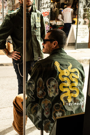 
                  
                    TRI GO NO SEN- EMBROIDERED WORKWEAR JACKET - FOREST GREEN
                  
                