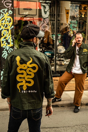 
                  
                    TRI GO NO SEN- EMBROIDERED WORKWEAR JACKET - FOREST GREEN
                  
                