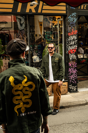 
                  
                    TRI GO NO SEN- EMBROIDERED WORKWEAR JACKET - FOREST GREEN
                  
                
